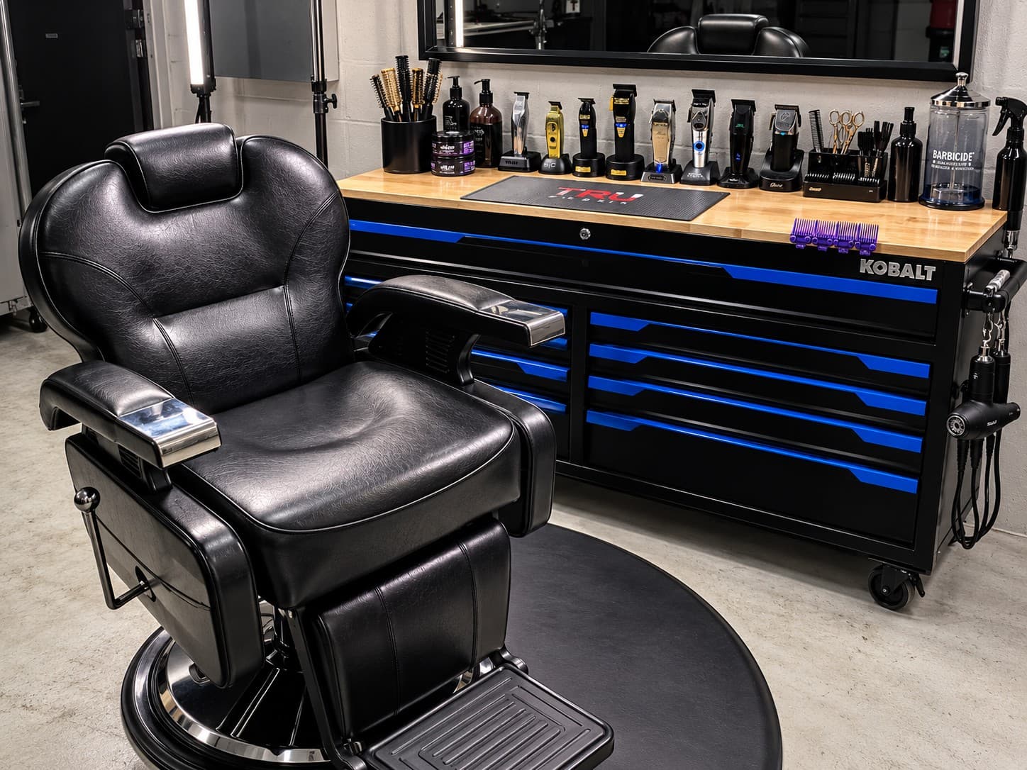 Joel's Place home studio — barber chair and tool station